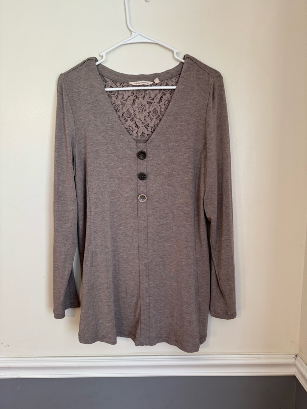 Soft Surroundings Taupe V-Neck Button Tunic with Lace Back